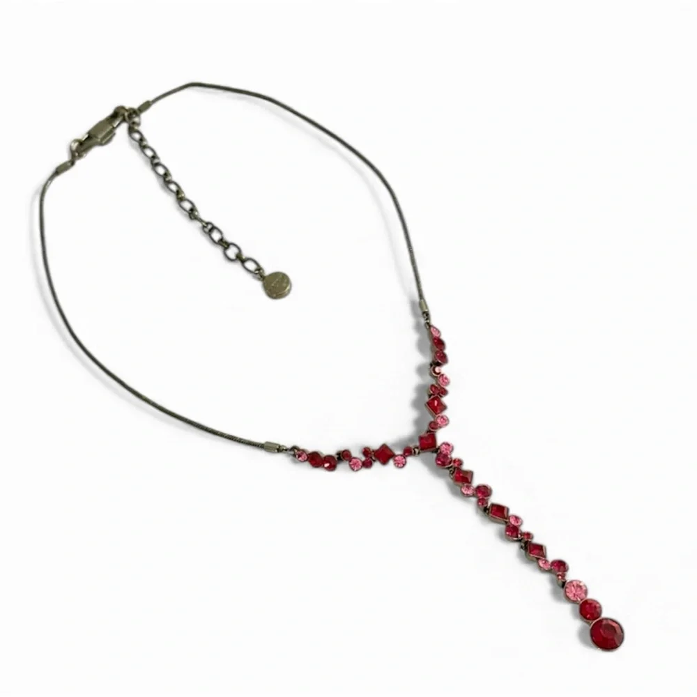 Givenchy Lariat Style Drop Mixed Crystal Necklace Pink Red Gunmetal Gray - Picture 2 of 7